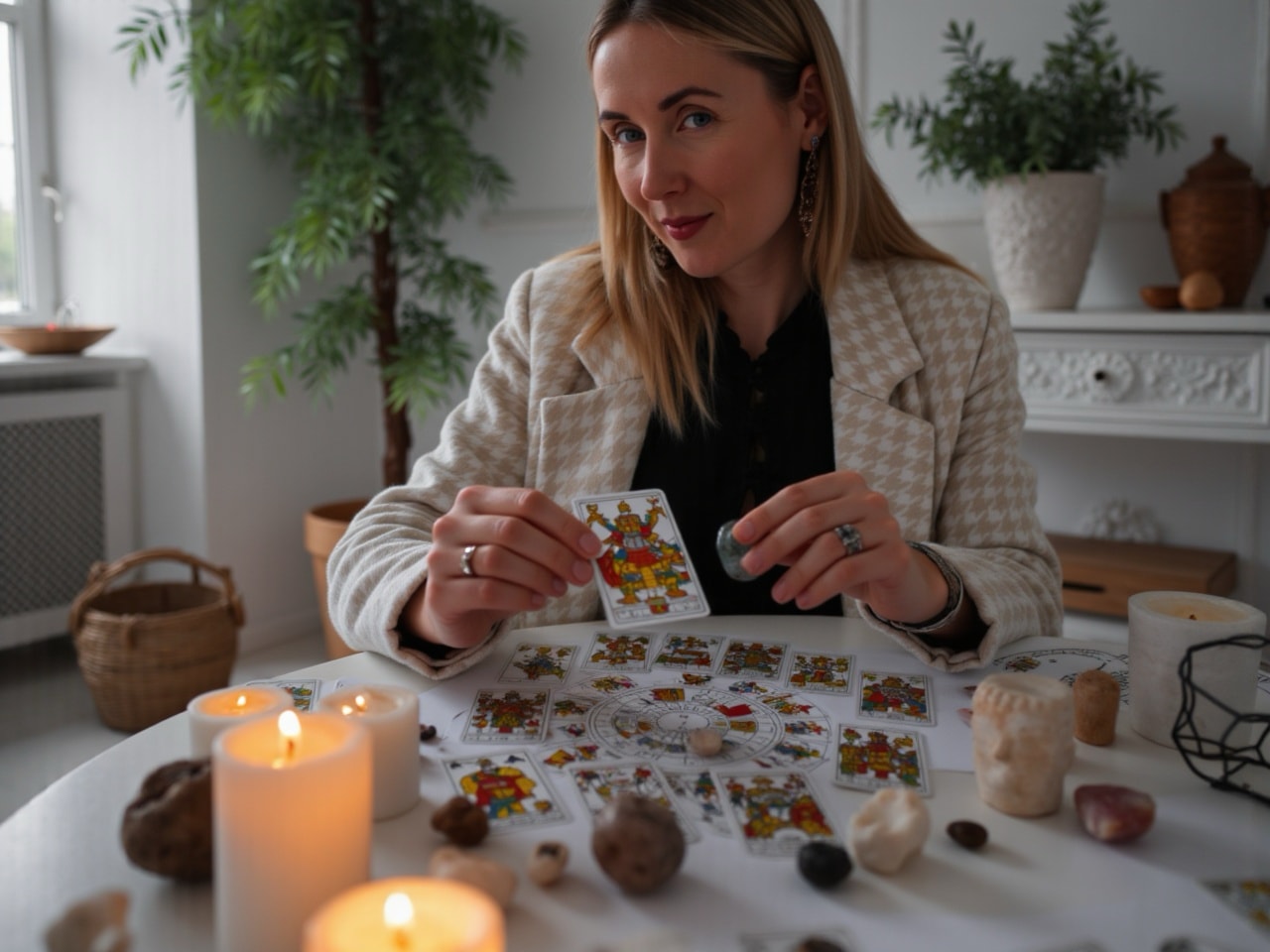 Manos de Koral con un mazo de Tarot moderno y cristales